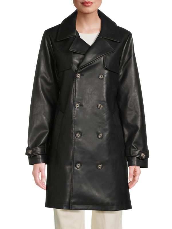 NOIZE Double Breasted Faux Leather Coat